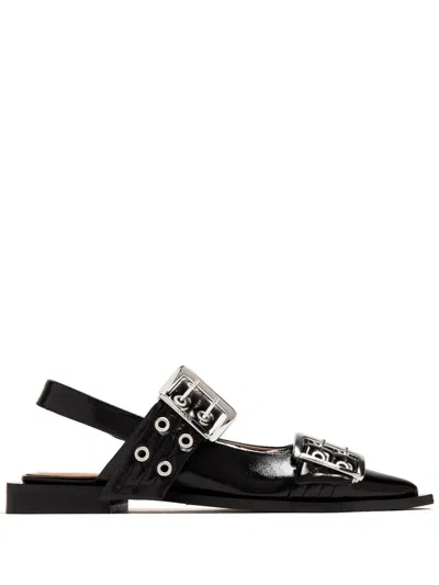 Ganni Crocodile Effect Bucked Ballerina Shoes In Black