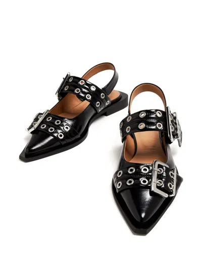 Ganni Crocodile Effect Bucked Ballerina Shoes In Black