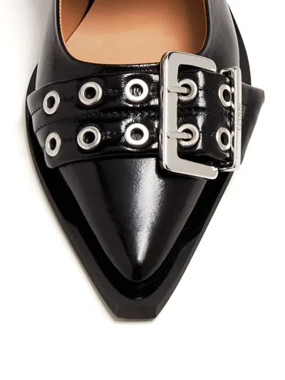 Ganni Crocodile Effect Bucked Ballerina Shoes In Black