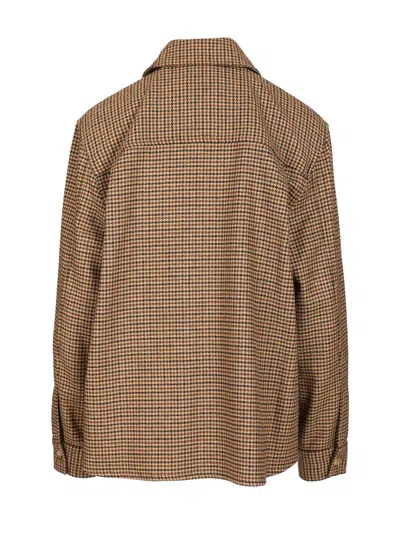 Saint Laurent Long Sleeve Checkered Overshirt Chest Pockets In Brown