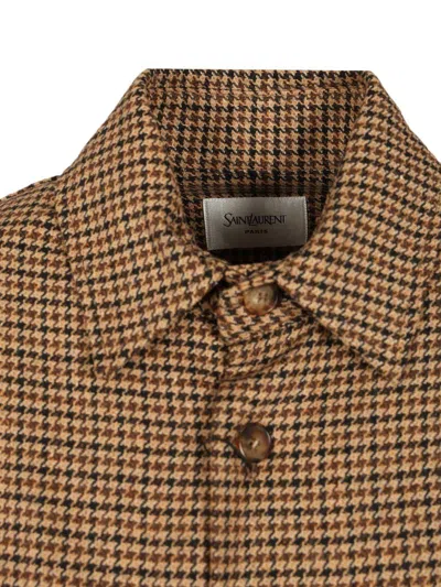 Saint Laurent Long Sleeve Checkered Overshirt Chest Pockets In Brown