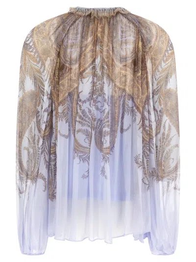 Zimmermann Flowy Gradient Blouse With Ruffled Neckline In Blue