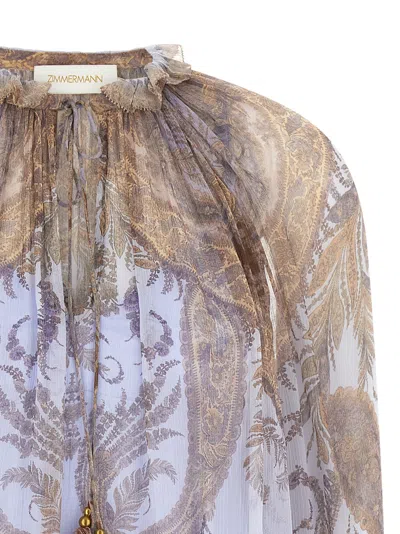 Zimmermann Flowy Gradient Blouse With Ruffled Neckline In Blue