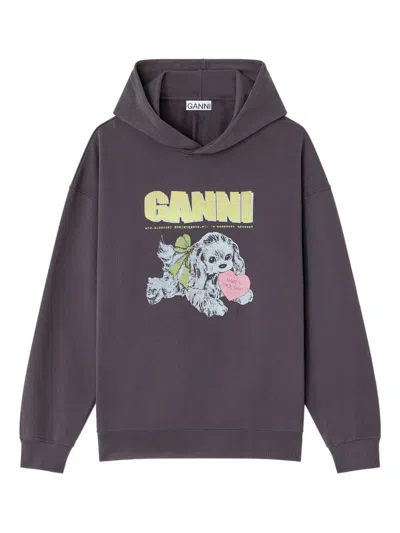 Ganni Isoli Oversized Hoodie With Graphic Puppy Print In Black