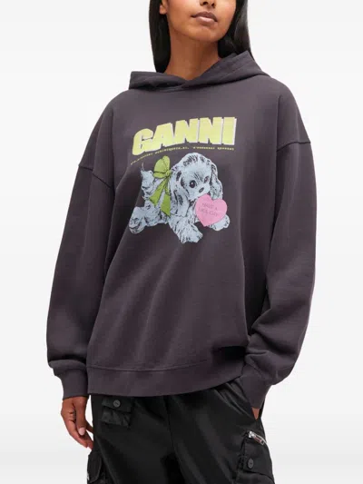 Ganni Isoli Oversized Hoodie With Graphic Puppy Print In Black