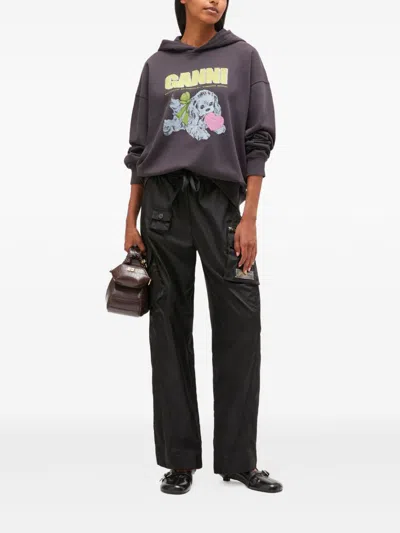 Ganni Isoli Oversized Hoodie With Graphic Puppy Print In Black