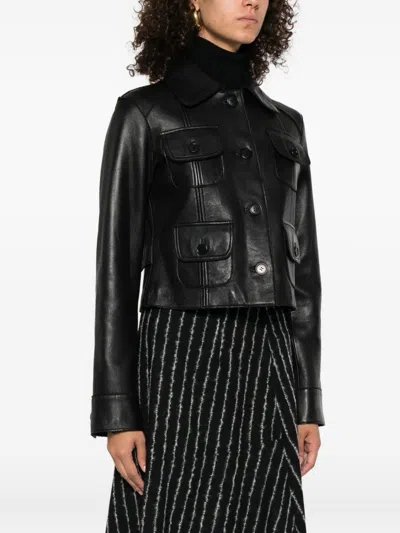 P.a.r.o.s.h Leather Jacket With Collared Neck And Flap Pockets In Blue