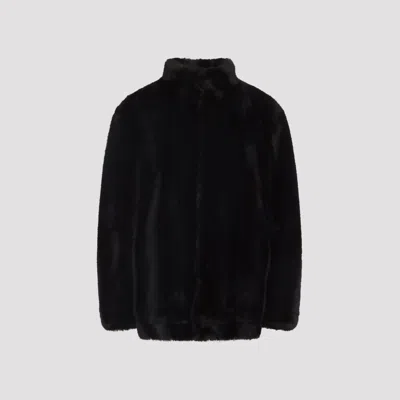 Mm6 Maison Margiela Brown Ecofur Jacket With Stand-up Collar In Black