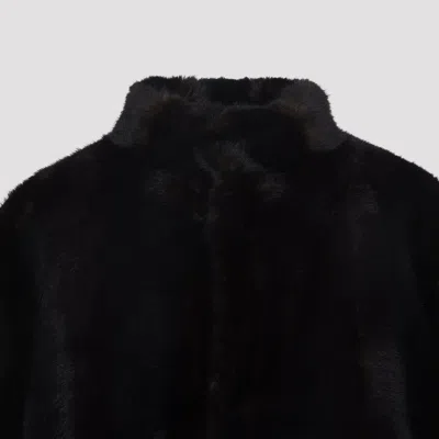 Mm6 Maison Margiela Brown Ecofur Jacket With Stand-up Collar In Black