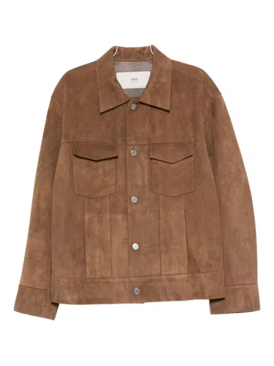 Ami Alexandre Mattiussi Suede Texture Jacket With Chest And Flap Pockets In Brown
