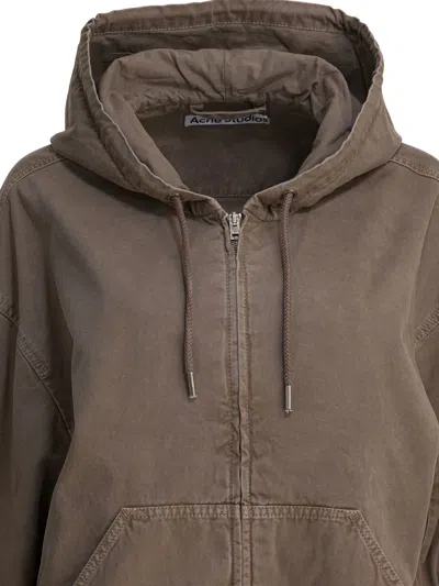 Acne Studios Hooded Long Sleeve Jacket Front Pockets In Brown