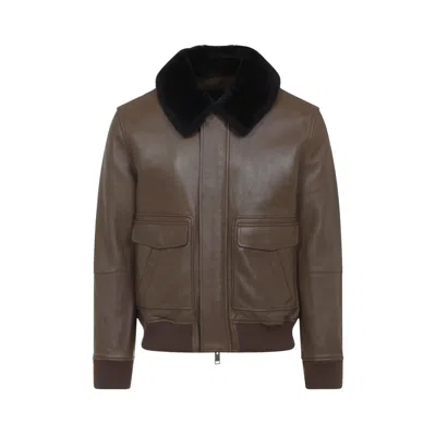 Yves Salomon Lamb Leather Jacket With Black Fur Collar And Flap Pockets In Brown