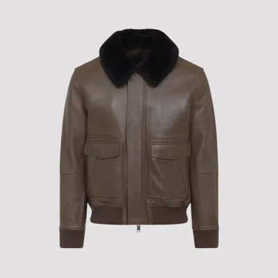 Yves Salomon Lamb Leather Jacket With Black Fur Collar And Flap Pockets In Brown