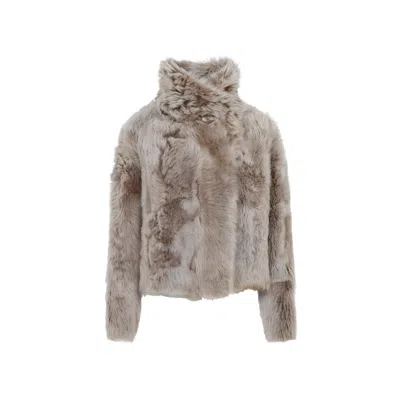Yves Salomon Short Jacket With Stand-up Collar In Variegated Lamb Leather In Gray