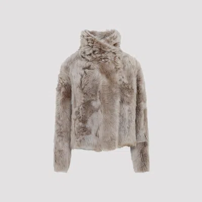 Yves Salomon Short Jacket With Stand-up Collar In Variegated Lamb Leather In Gray