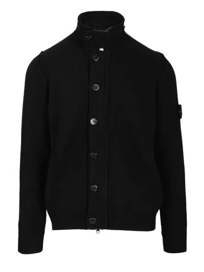Stone Island Knit Button-up Jumper In Lamb Wool And Nylon Blend Knitwear Black In Black