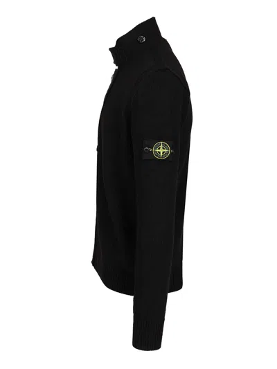 Stone Island Knit Button-up Jumper In Lamb Wool And Nylon Blend Knitwear Black In Black