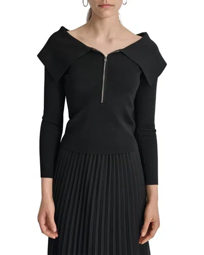 Dkny 1/2-zip Exaggerated Collar Sweater In Black