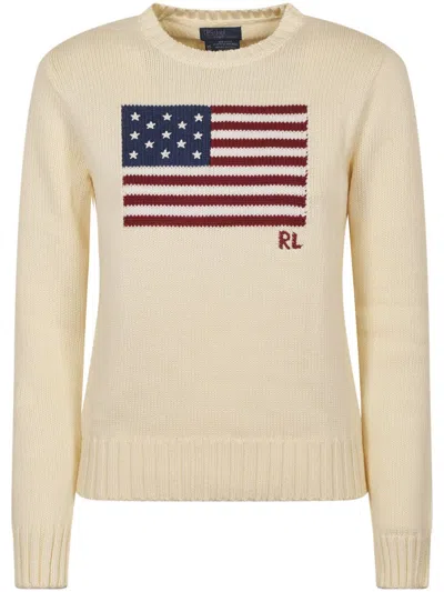 Polo Ralph Lauren Classic Crew Neck Pullover Sweater With American Flag Design In Neutral