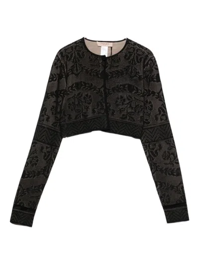 Twinset Cropped Sweater With Black Lace Overlay In Gray