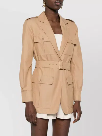 Max Mara Belted Jacket With Epaulettes And Pockets In Neutral