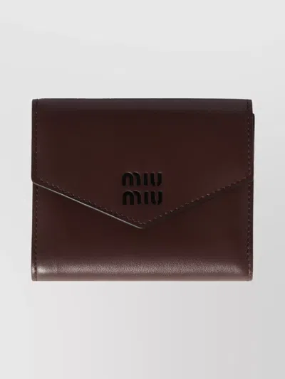 Miu Miu Compact Leather Wallet Fold-over Flap In Brown