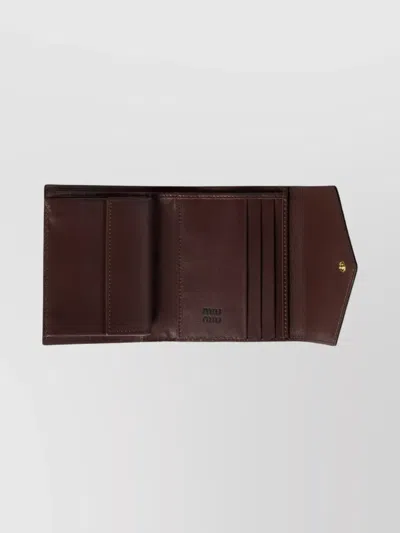 Miu Miu Compact Leather Wallet Fold-over Flap In Brown