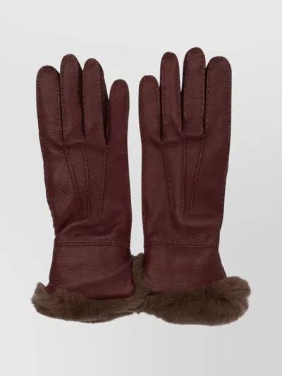 Restelli Leather Gloves With Fur Trim And Stitching In Red