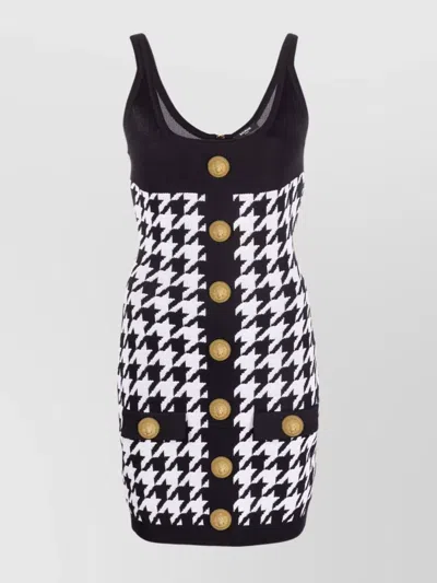 Balmain Houndstooth Motif Two-tone Dress With Golden Buttons In Black