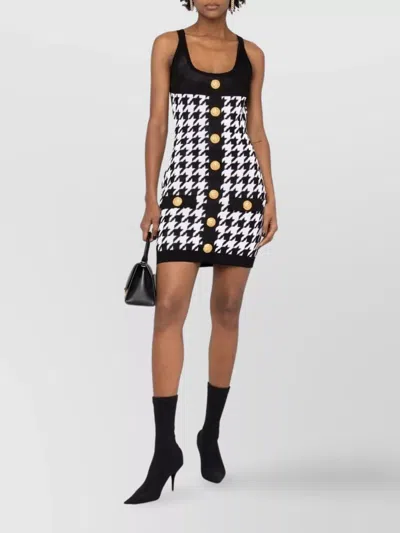 Balmain Houndstooth Motif Two-tone Dress With Golden Buttons In Black