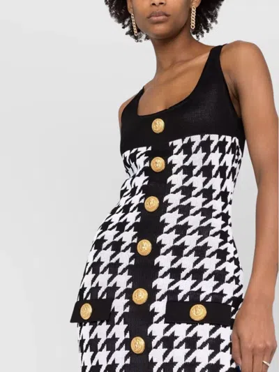 Balmain Houndstooth Motif Two-tone Dress With Golden Buttons In Black
