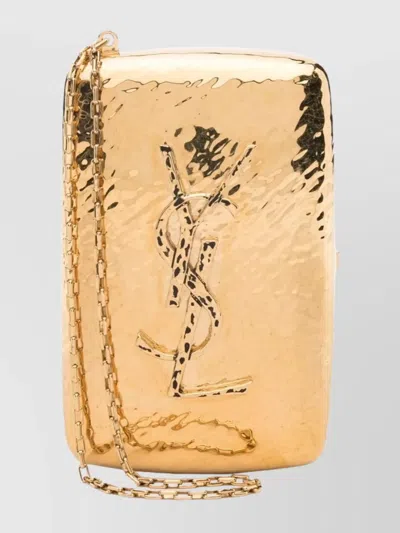 Saint Laurent Rectangular Gold Hammered Clutch Bag In Gold