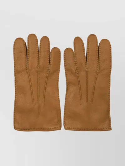 Restelli Textured Leather Gloves Stitch Detailing In Brown