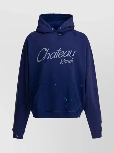 Gallery Dept. Chateau Ranch Distressed Paint-splattered Logo-print Supima Cotton-jersey Hoodie In Blue