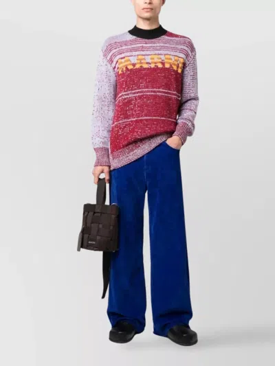 Marni Intarsia-knit-logo Virgin-wool Sweater In Burgundy