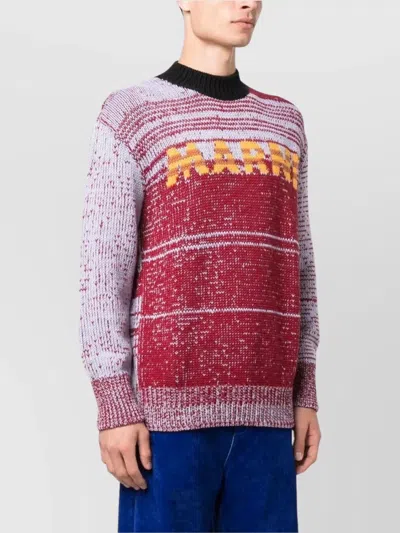 Marni Intarsia-knit-logo Virgin-wool Sweater In Burgundy