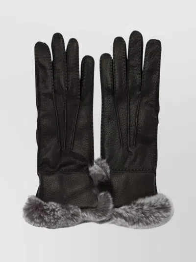 Restelli Leather Gloves With Fur Trim And Elastic Wrist In Black