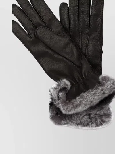 Restelli Leather Gloves With Fur Trim And Elastic Wrist In Black