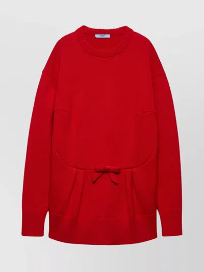 Prada Oversized Knit Sweater With Bow And Pleats In Red