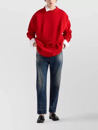 Prada Oversized Knit Sweater With Bow And Pleats In Red