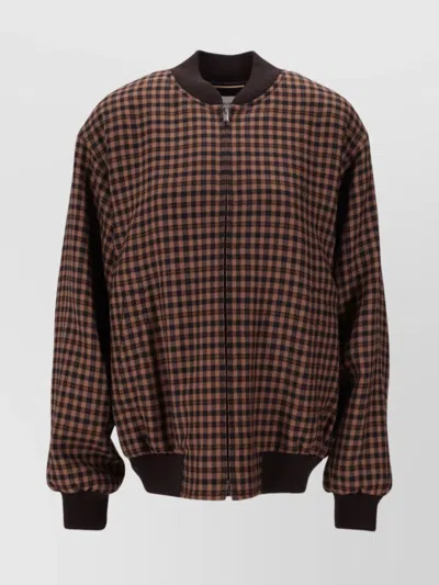 Saint Laurent Cassandre Bomber Jacket In Wool Check In Brown