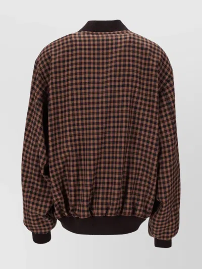Saint Laurent Cassandre Bomber Jacket In Wool Check In Brown