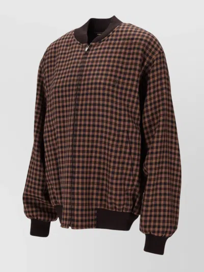 Saint Laurent Cassandre Bomber Jacket In Wool Check In Brown