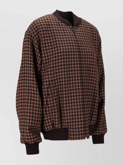 Saint Laurent Cassandre Bomber Jacket In Wool Check In Brown