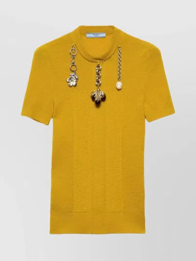 Prada Short Sleeve Wool Sweater With Charms In Yellow