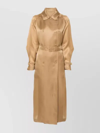 Max Mara Long Coat With Belted Waist And Notched Lapels In Brown