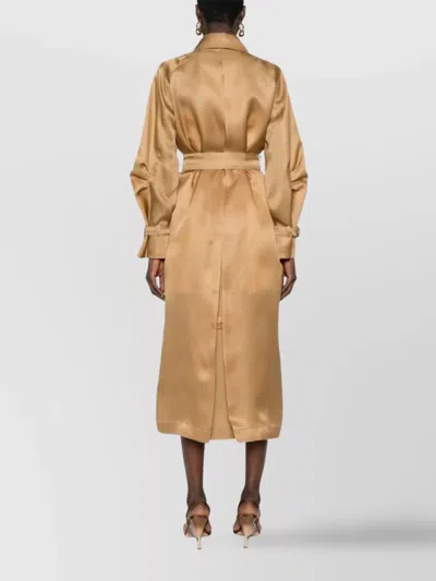 Max Mara Long Coat With Belted Waist And Notched Lapels In Brown