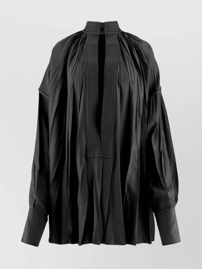 Ferragamo Long Pleated Shirt High Collar In Black