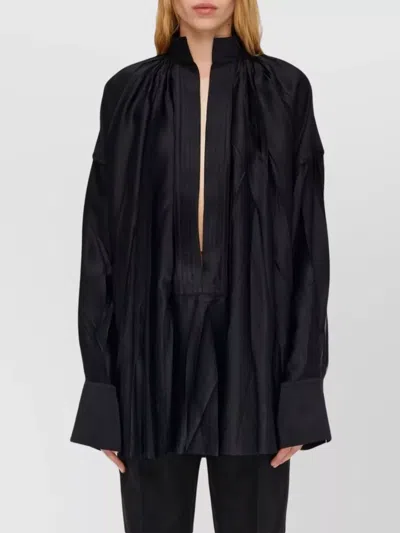 Ferragamo Long Pleated Shirt High Collar In Black