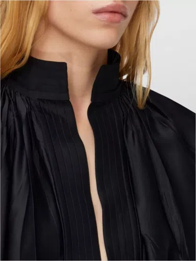 Ferragamo Long Pleated Shirt High Collar In Black